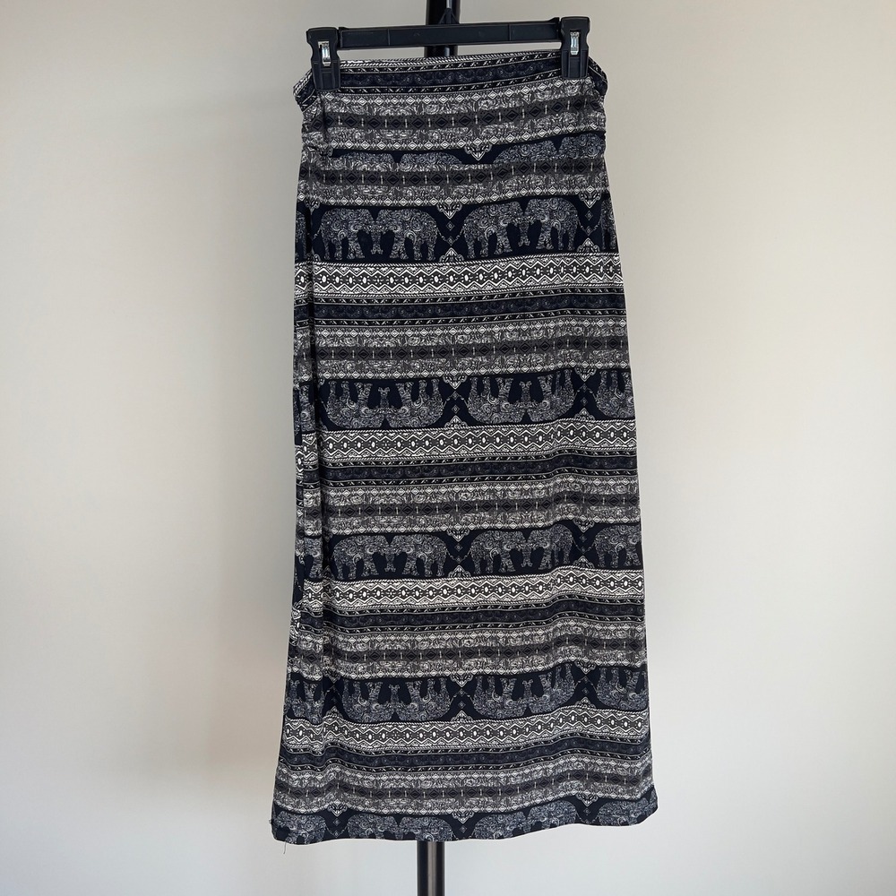 Rue21 Black White Elephant Print Boho Maxi Skirt Medium Tribal Geometric Indie